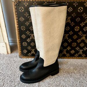 Zara Black Knee High Leather Flat Boots Contrast Light Linen Burlap, NEW